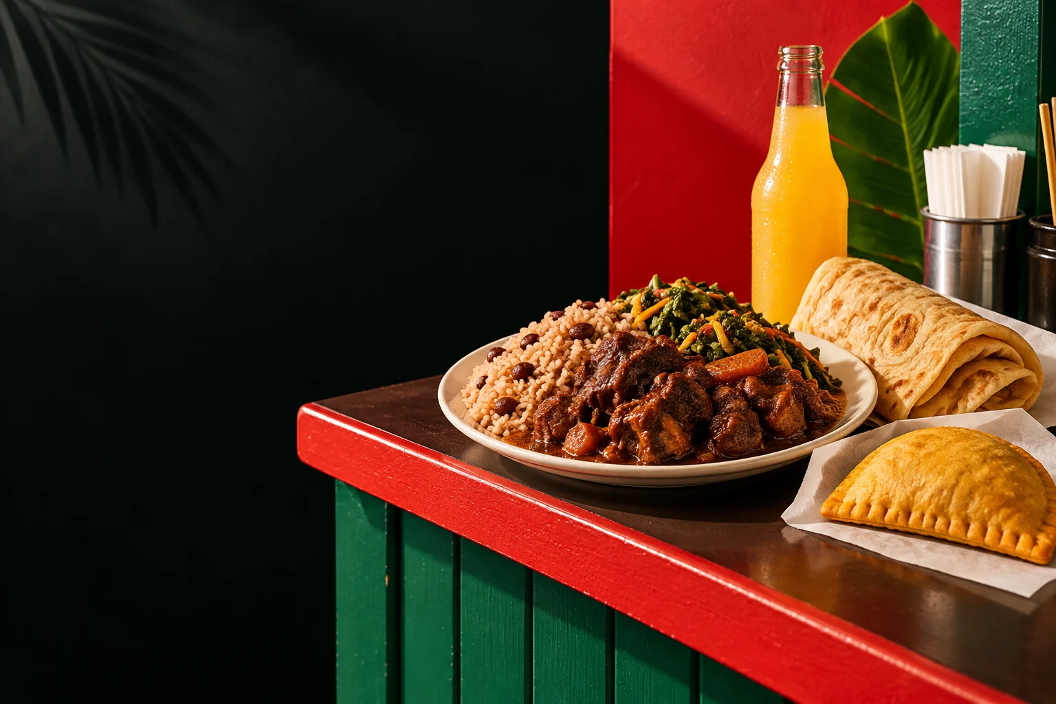 Illustrative Jamaican restaurant and bakery still life with red, green and cream dishes; not the merchant exact food, staff or current menu photography.